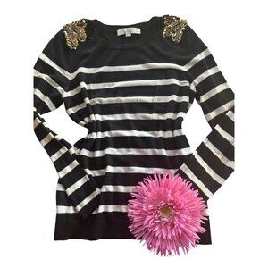 LOFT Womens Striped Sweater With Sequin Shoulders Black/White Size S